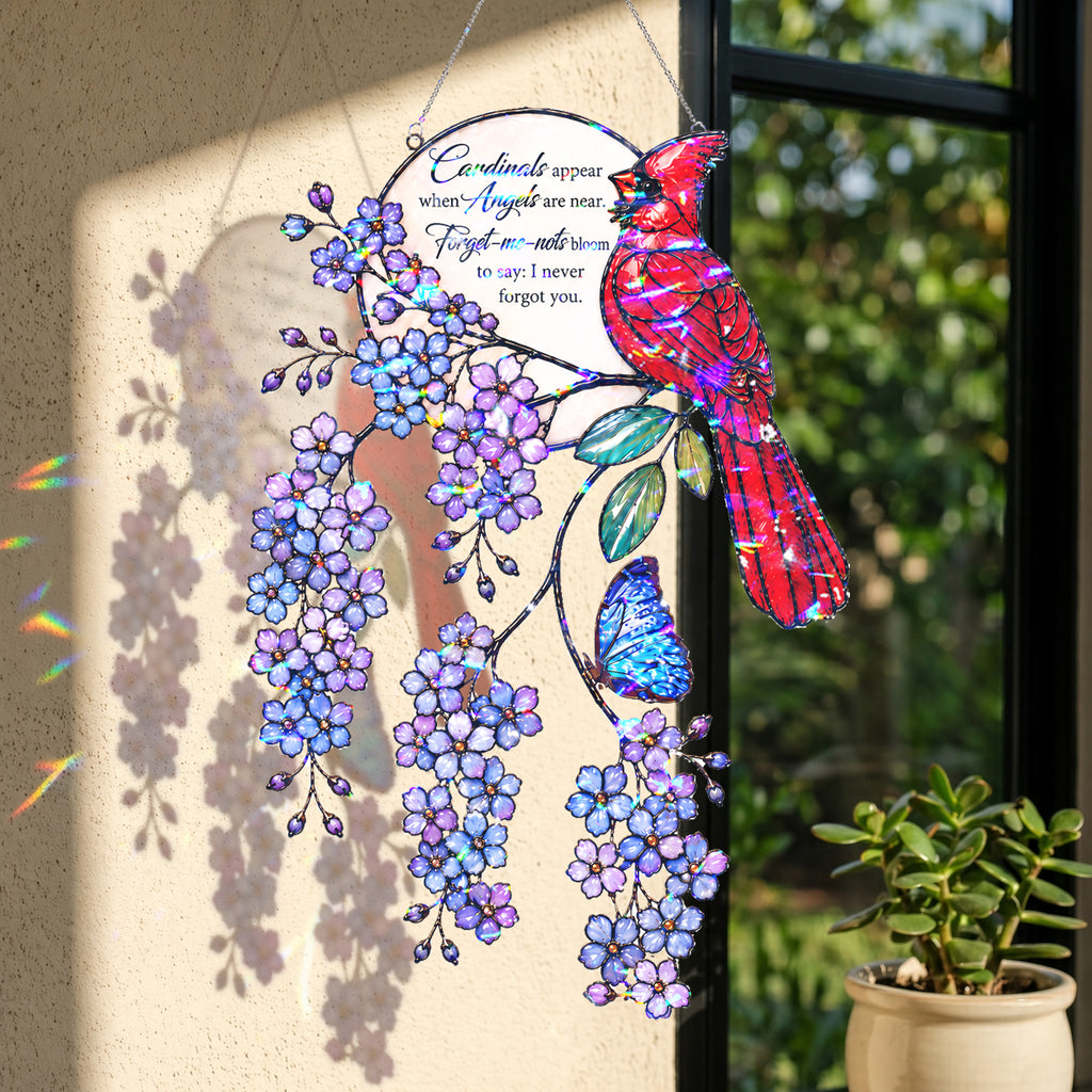 Cardinal & Forget-Me-Not Memorial Moon Holographic Acrylic Suncatcher