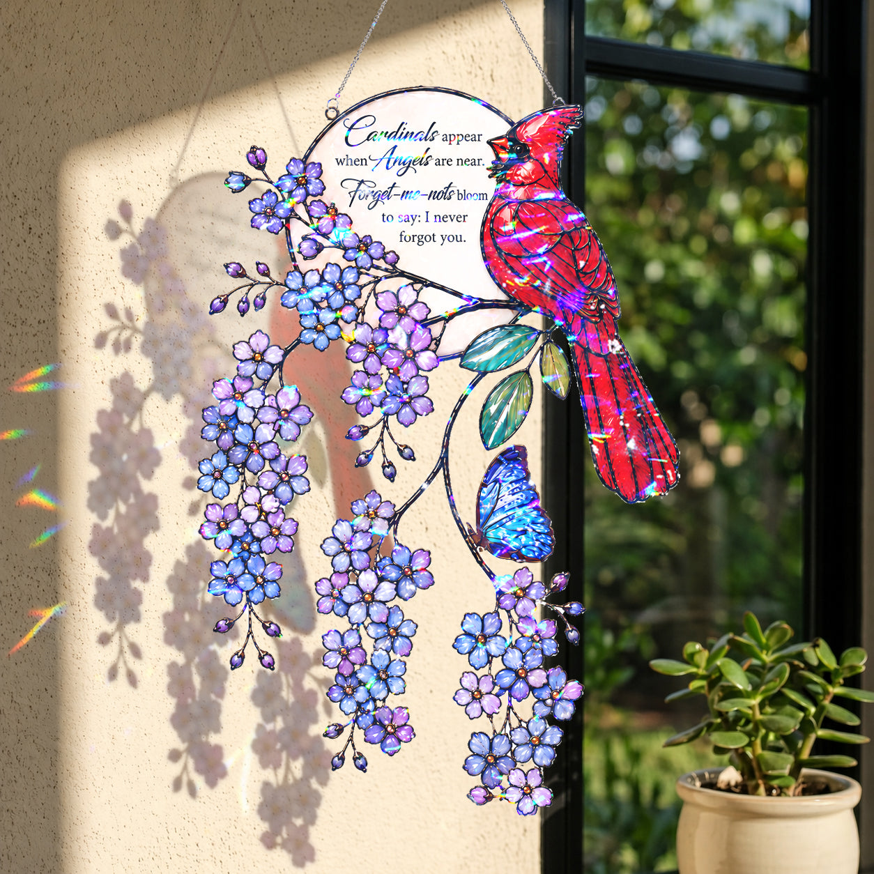 Cardinal & Forget-Me-Not Memorial Moon Holographic Acrylic Suncatcher