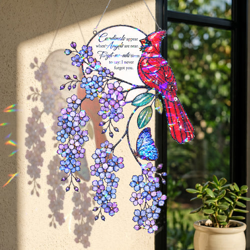 Cardinal & Forget-Me-Not Memorial Moon Holographic Acrylic Suncatcher