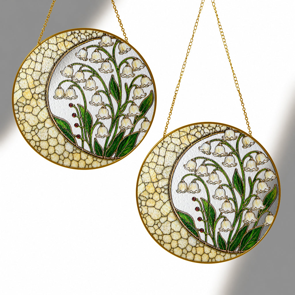 Lily of the Valley Stained Glass Suncatcher – Crescent Moon