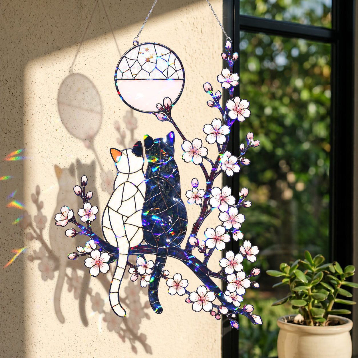 Cat Couple & Cherry Blossom Moon Holographic Acrylic Suncatcher