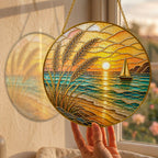 [PIXIWOO] Stained Glass Suncatcher Ocean Sunset Window Hanging Decor, Beach Sun Catcher Ornament with Sailboat, Coastal Wall Art for Window, Nautical Home Decor Gift for Beach Lovers
