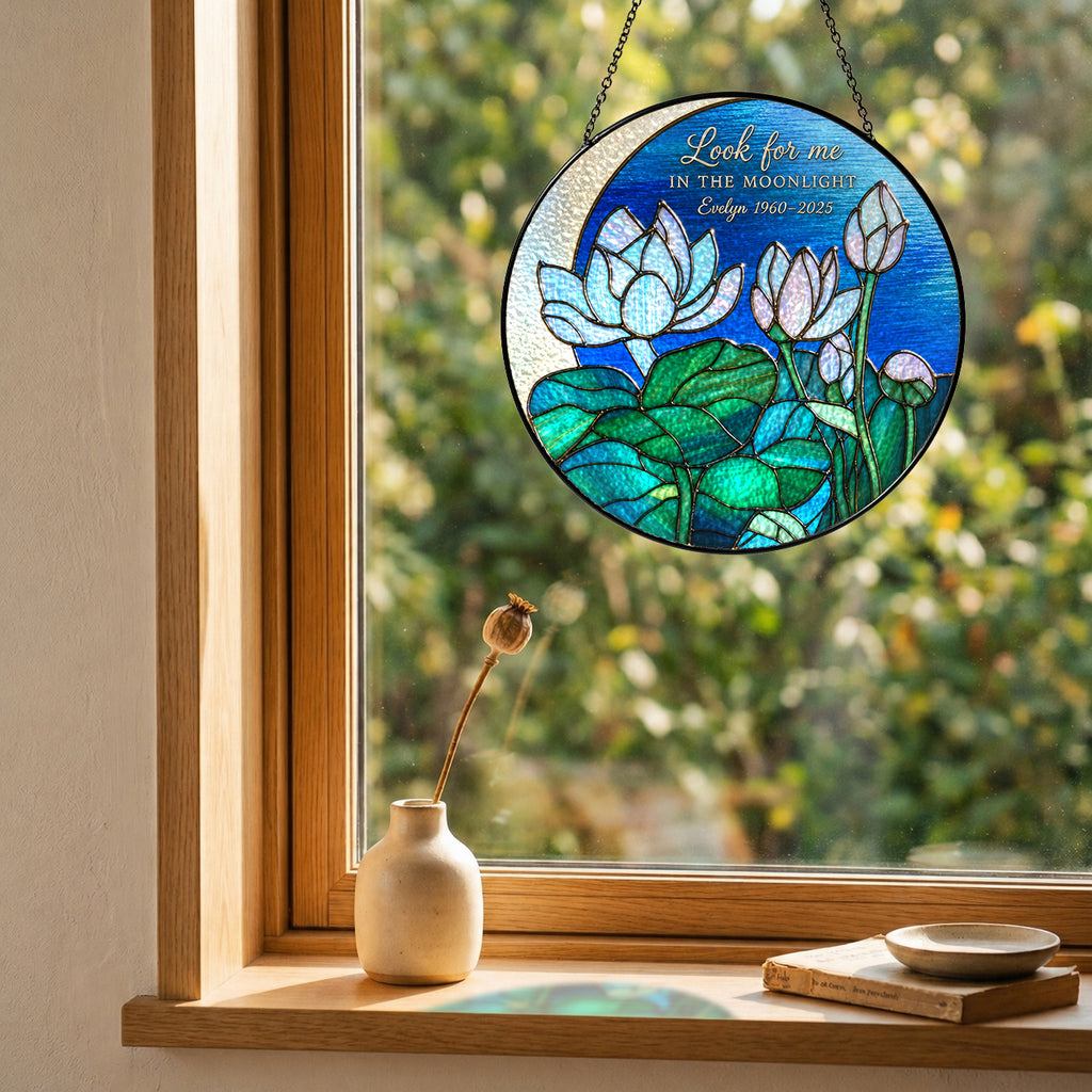 Personalized Memorial Suncatcher – Look For Me In The Moonlight Lotus Stained Glass