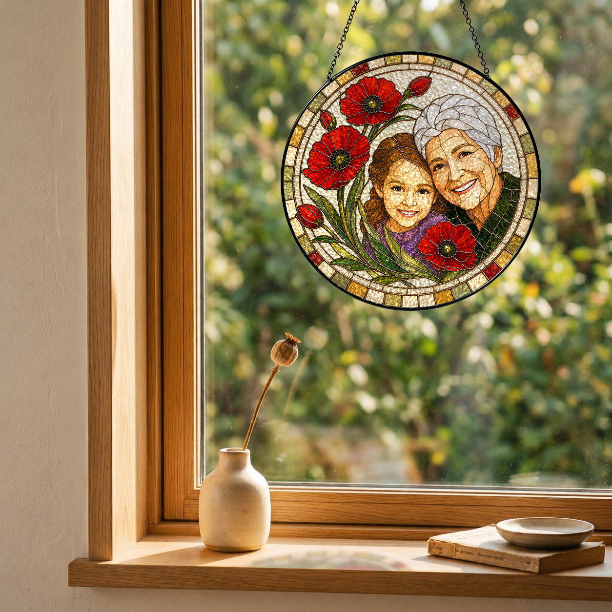 Personalized Photo Grandma Suncatcher – Custom Portrait &amp; Poppies Stained Glass Window Hanging