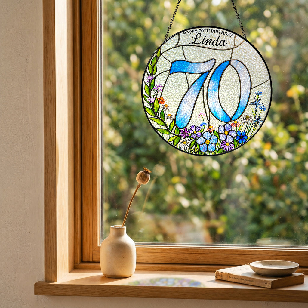 Personalized 70th Birthday Suncatcher – Custom Name Wildflower Stained Glass Gift