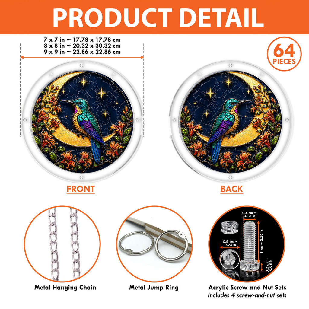 Open kraft gift box with the hummingbird crescent-moon puzzle suncatcher and insert card