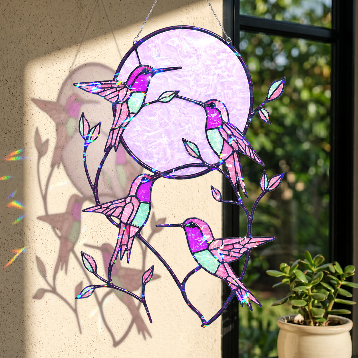 Hummingbird Pink Moon Holographic Acrylic Suncatcher