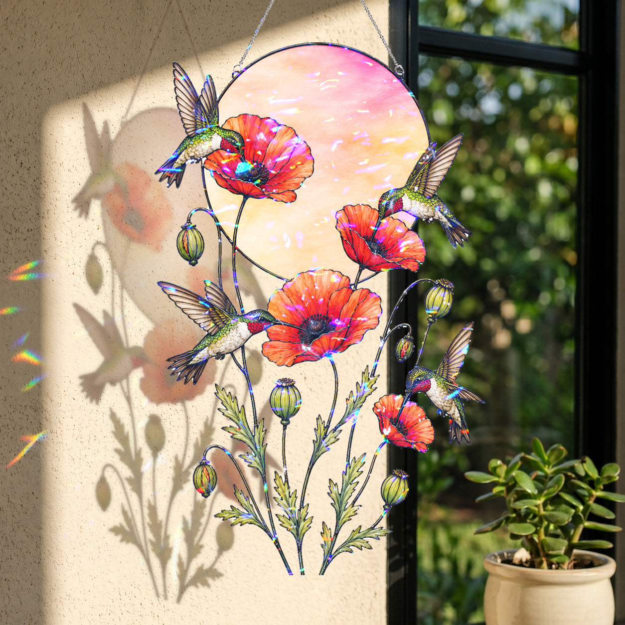Hummingbirds & Red Poppy Sunset Moon Holographic Acrylic Suncatcher