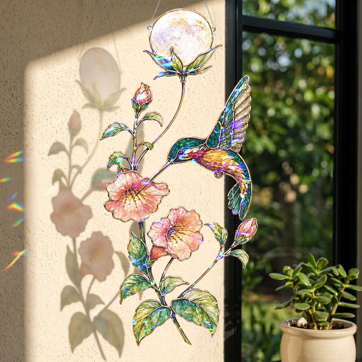 Hummingbird & Trumpet Flower Pearl Moon Holographic Acrylic Suncatcher