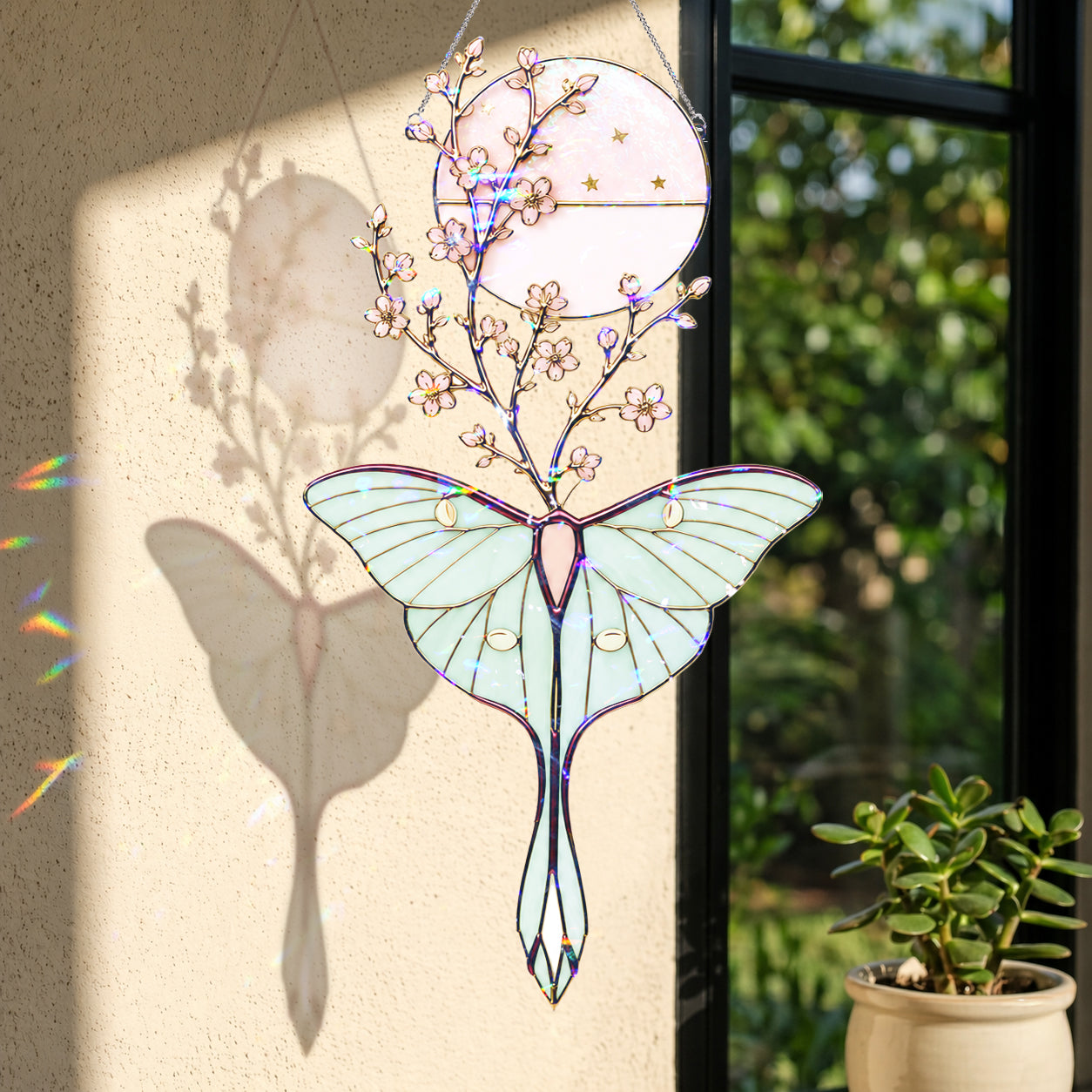 Luna Moth & Cherry Blossom Moon Holographic Acrylic Suncatcher