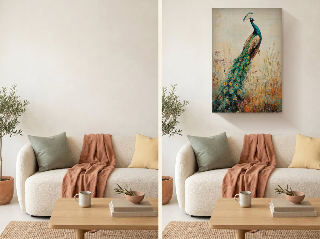 Peacock Canvas Wall Art Vintage Peacock Painting with Wildflowers