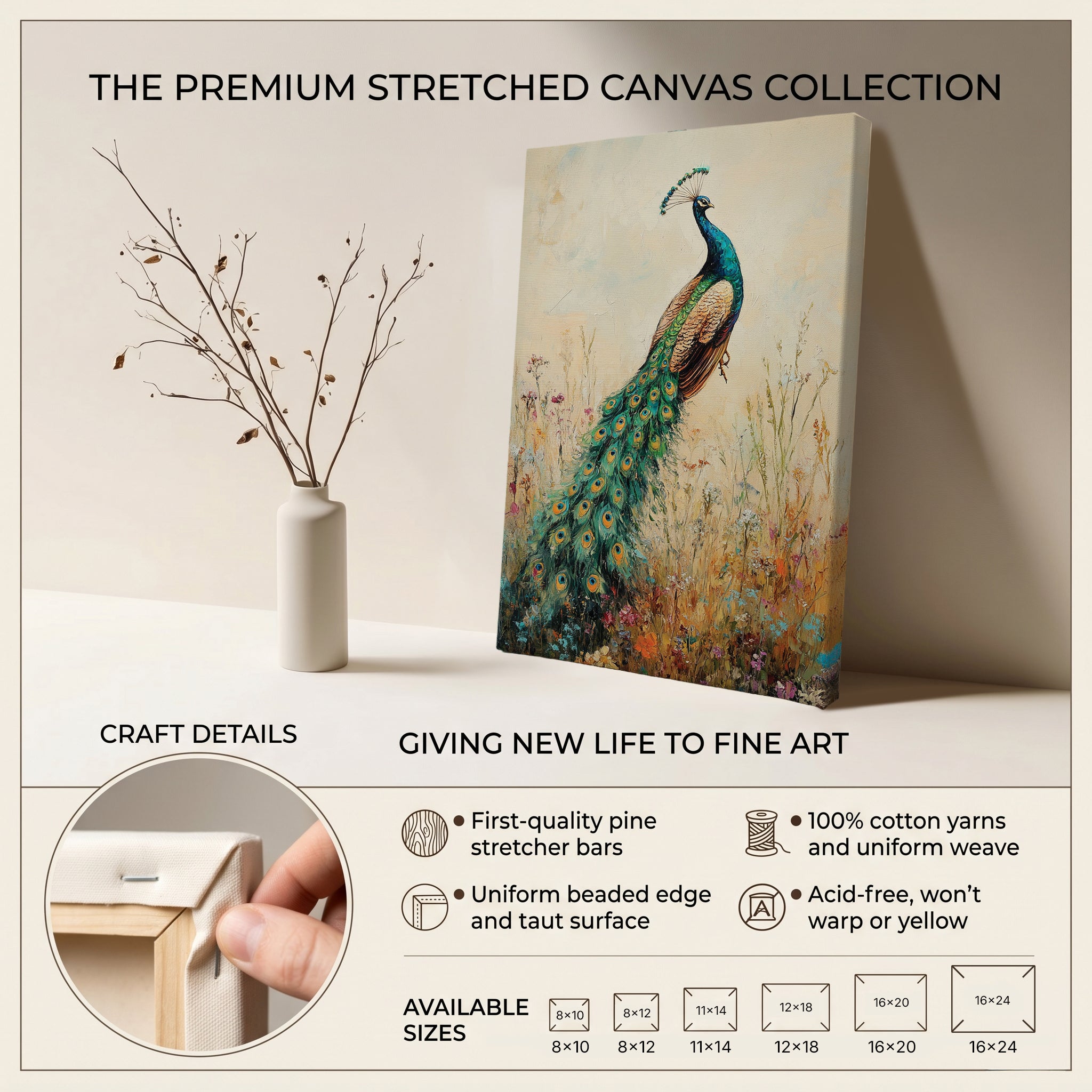 Peacock Canvas Wall Art Vintage Peacock Painting with Wildflowers