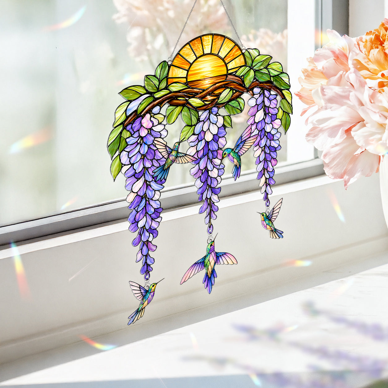Stained Glass Hummingbird Suncatcher Window Hanging , Colorful Rainbow Window Decor