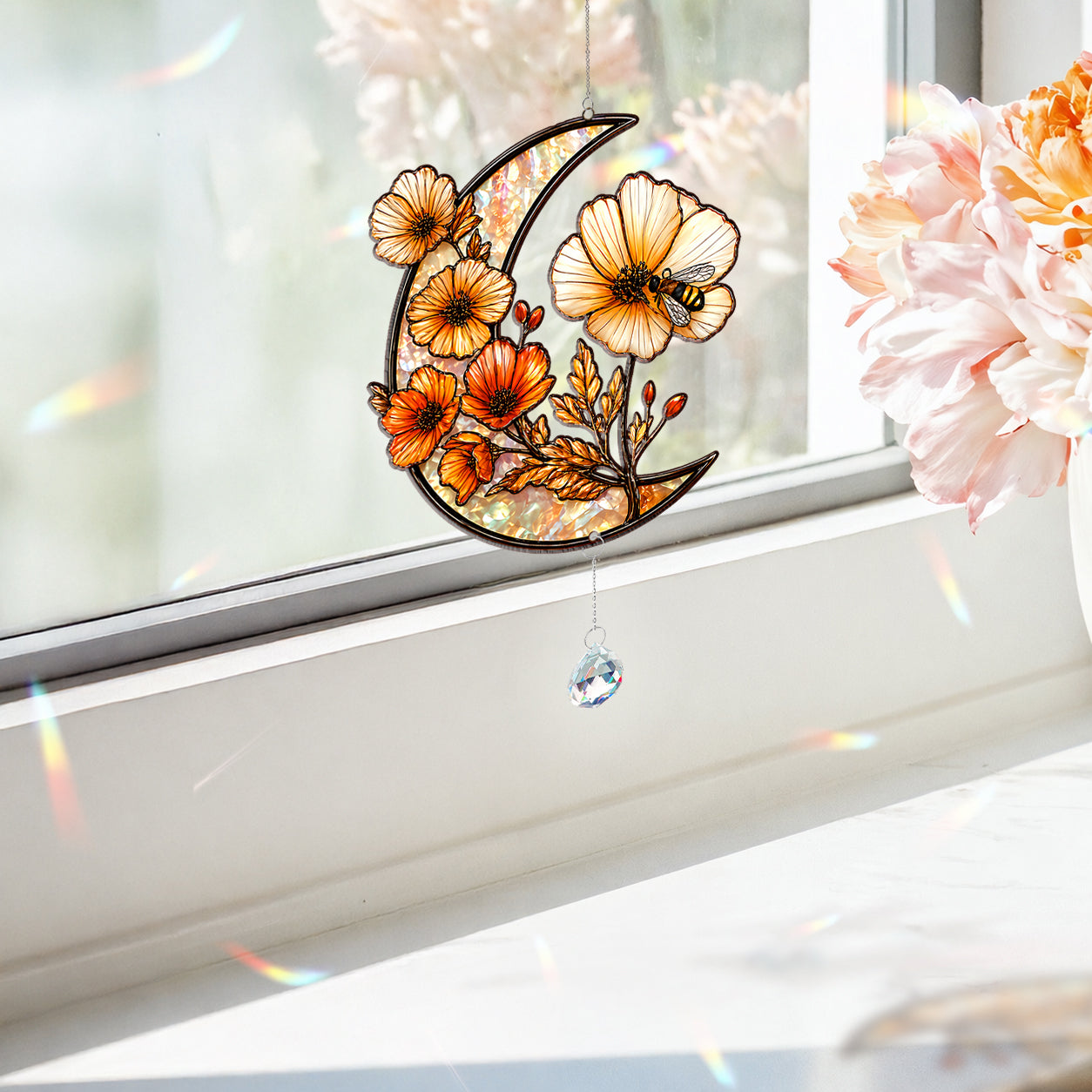Crescent Moon Stained Glass Suncatcher with Flowers and Bee