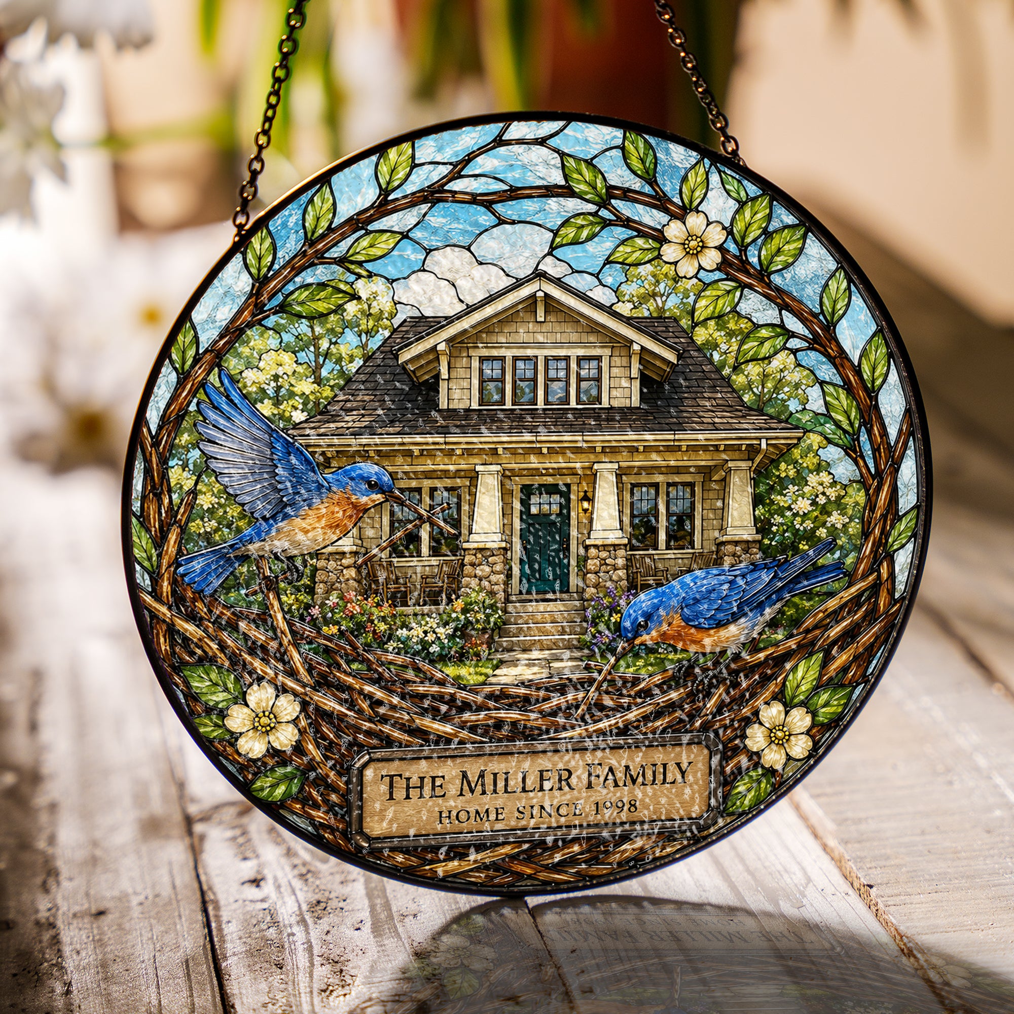 Personalized Family Name Home Bluebird Nest Stained Glass Suncatcher