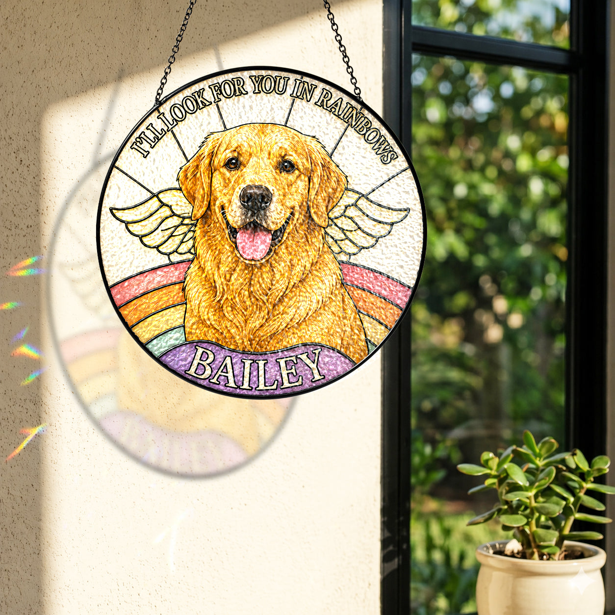 Personalized Dog Memorial Angel Wings Stained Glass Suncatcher