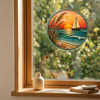 [ PIXIWOO] Stained Glass Suncatcher Sunset Sailboat Window Hanging Decor, Ocean Beach Acrylic Ornament, Coastal Beach House Wall Art, Nautical Sea Waves Sun Catcher Gift for Ocean Lovers