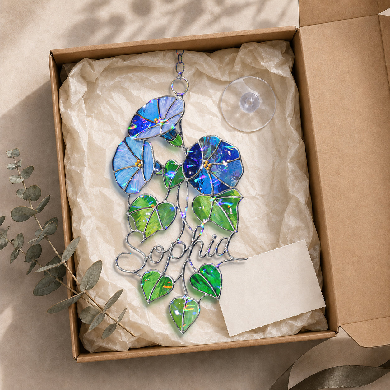Personalized Blue Morning Glory Holographic Acrylic Suncatcher