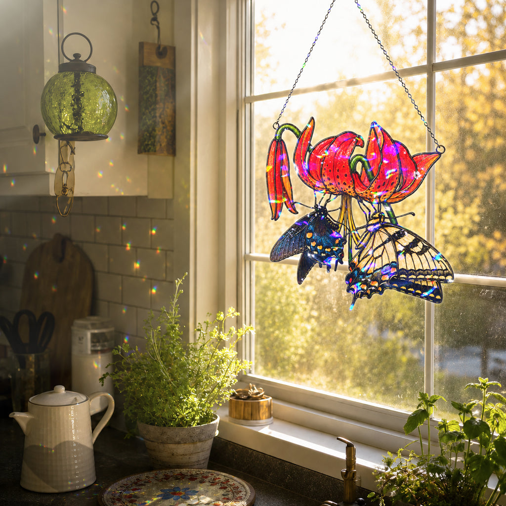 Swallowtail Butterflies & Tiger Lily Holographic Acrylic Suncatcher