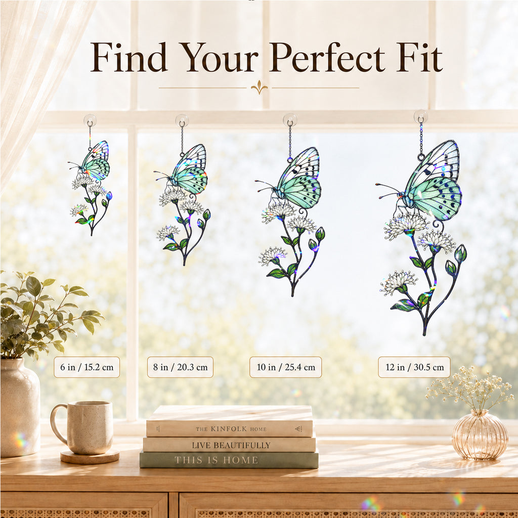 Mint Butterfly & White Blossom Holographic Acrylic Suncatcher