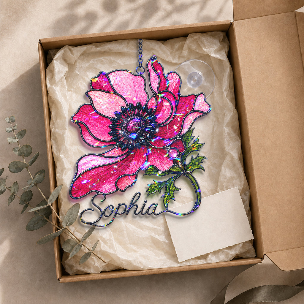 Personalized Pink Anemone Flower Holographic Acrylic Suncatcher