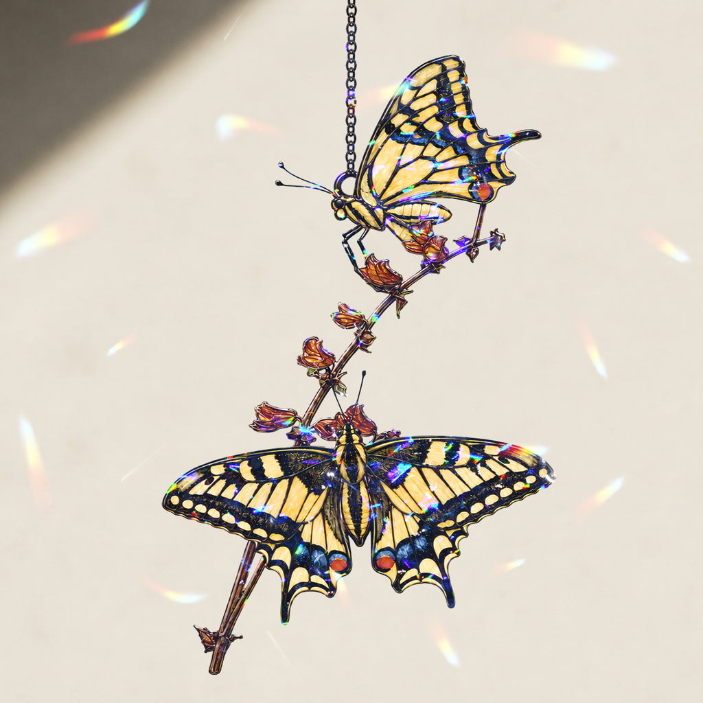 Two Swallowtail Butterflies on Blossom Branch Holographic Acrylic Suncatcher