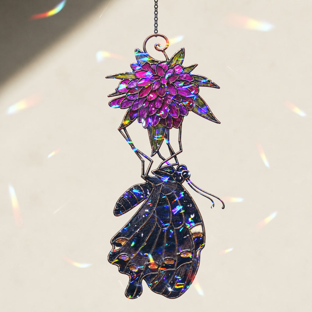 Black Swallowtail & Purple Dahlia Holographic Acrylic Suncatcher