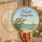 [PIXIWOO] Stained Glass Suncatcher Beach Window Hanging Decor, The Beach Is My Happy Place Ocean Acrylic Ornament, Coastal Wall Art, Beach House Sun Catcher Gift for Ocean Lovers