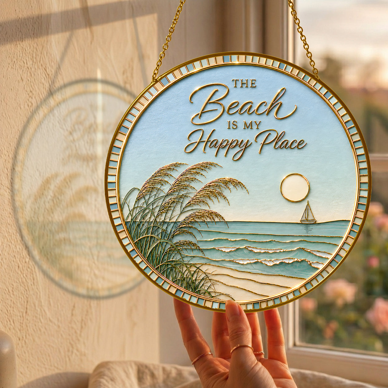 [PIXIWOO] Stained Glass Suncatcher Beach Window Hanging Decor, The Beach Is My Happy Place Ocean Acrylic Ornament, Coastal Wall Art, Beach House Sun Catcher Gift for Ocean Lovers