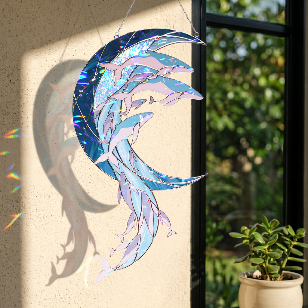 Whale Pod Crescent Moon Holographic Acrylic Suncatcher