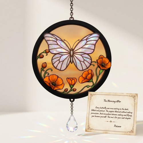 Butterfly Stained Glass Suncatcher Window Hanging with Crystal Prism, Round Floral Sun Catcher with Orange Flowers, Decorative Glass Panel for Window Wall Decor, Gift for Nature Lovers