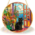 Black cat window stained glass suncatcher displayed as window decor