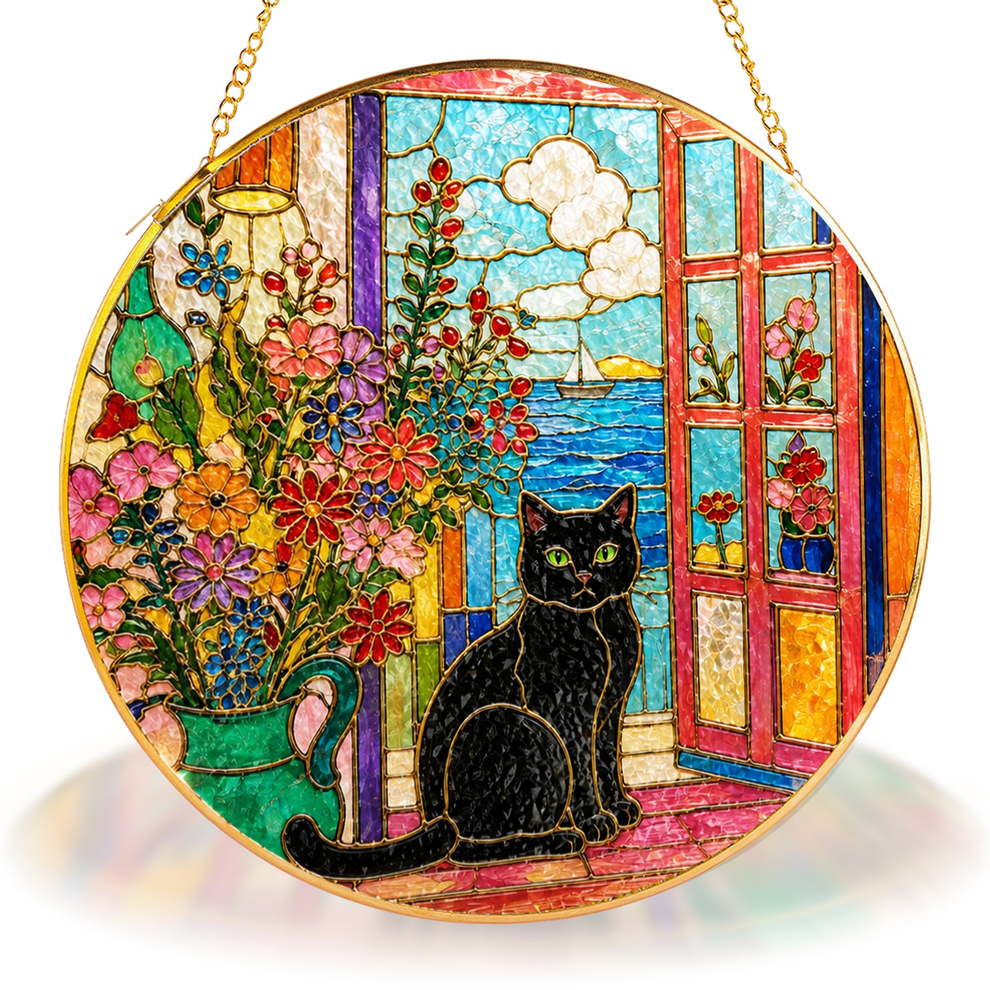 Black cat window stained glass suncatcher displayed as window decor