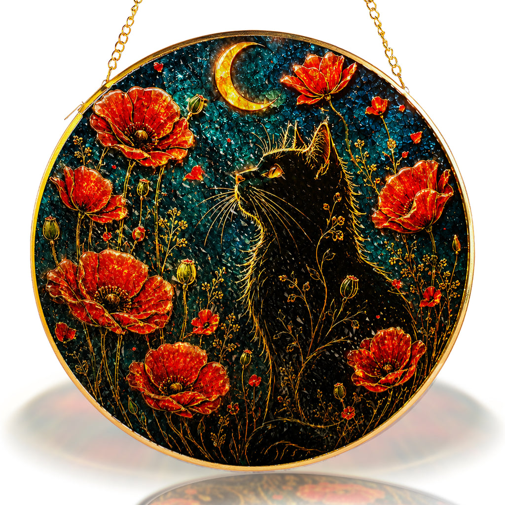 Black cat and red poppies stained glass suncatcher displayed as window decor