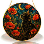 Black cat and red poppies stained glass suncatcher displayed as window decor