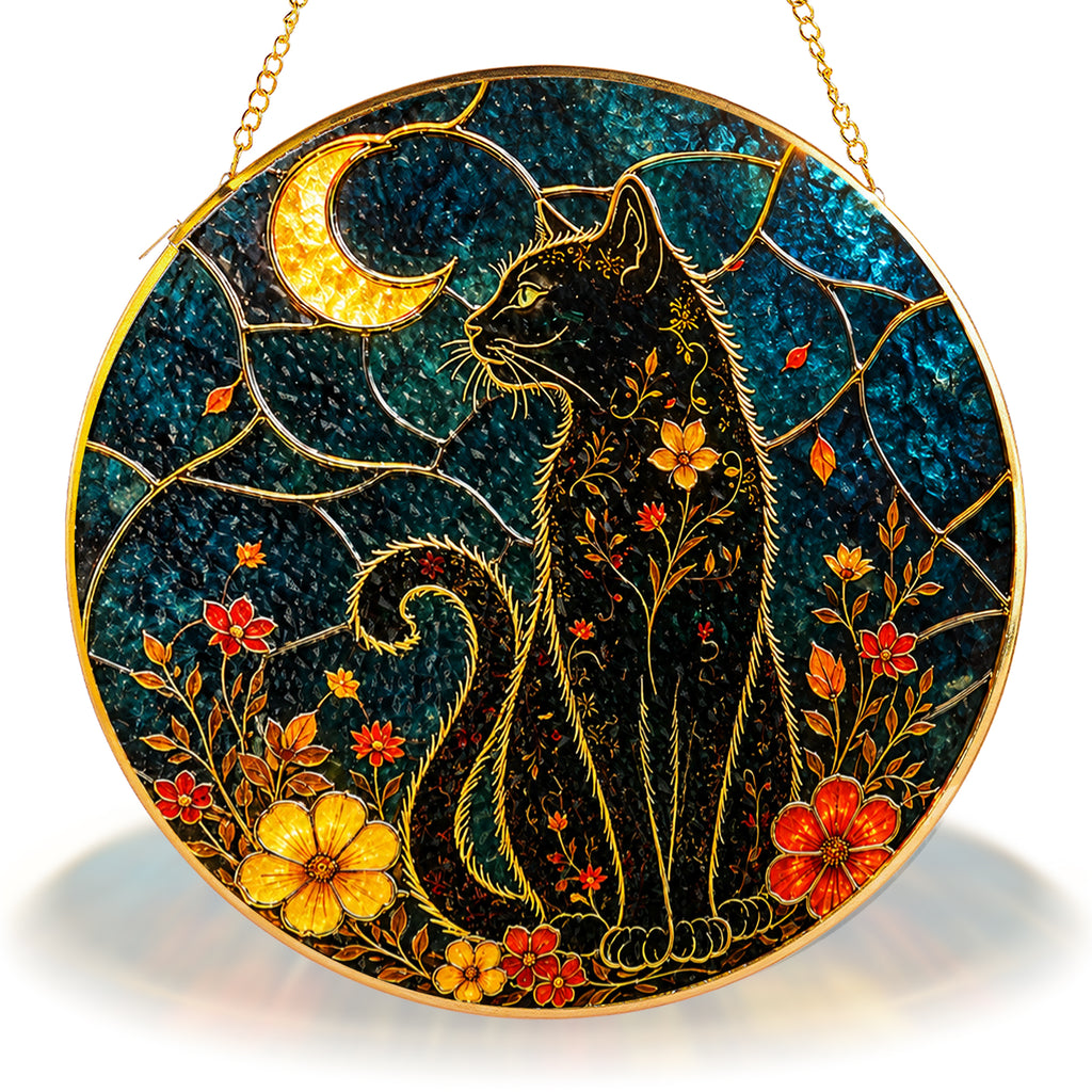 Black cat crescent moon stained glass suncatcher displayed as window decor