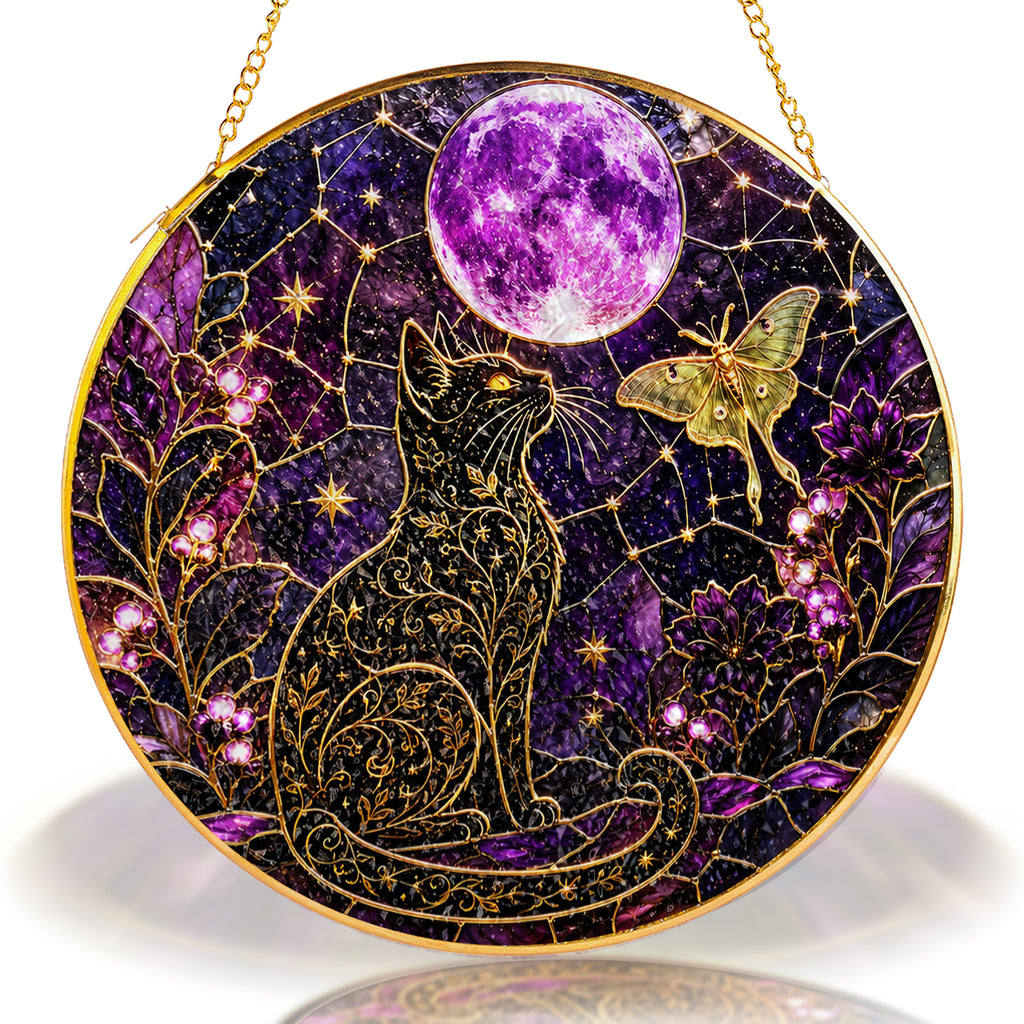 Celestial cat and purple moon stained glass suncatcher displayed as window decor