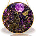 Celestial cat and purple moon stained glass suncatcher displayed as window decor