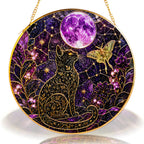 Celestial cat and purple moon stained glass suncatcher displayed as window decor