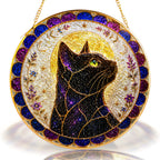Mystical cat moon mandala stained glass suncatcher displayed as window decor
