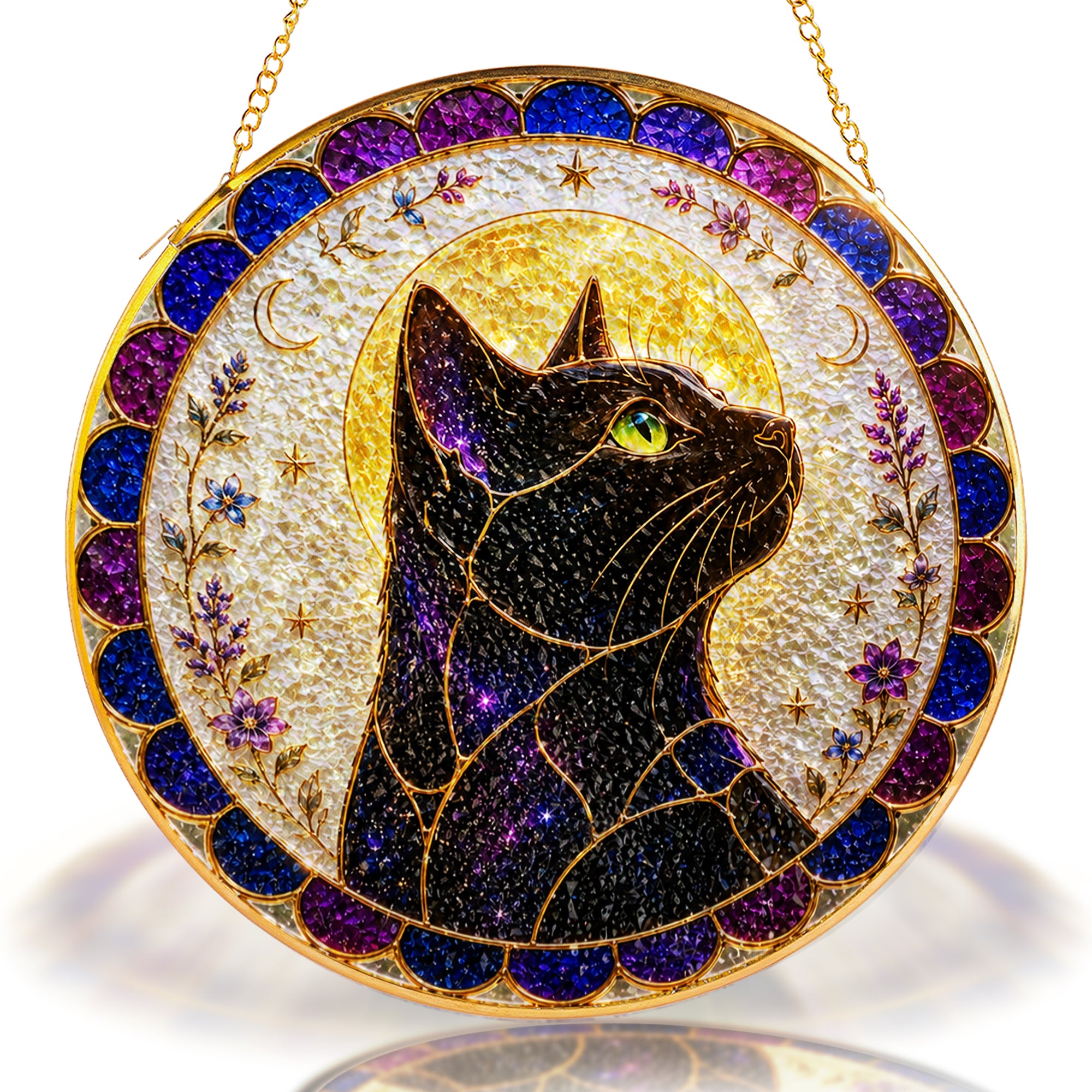 Mystical cat moon mandala stained glass suncatcher displayed as window decor
