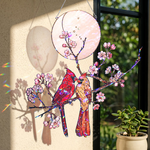 Cardinal Couple & Cherry Blossom Moon Holographic Acrylic Suncatcher