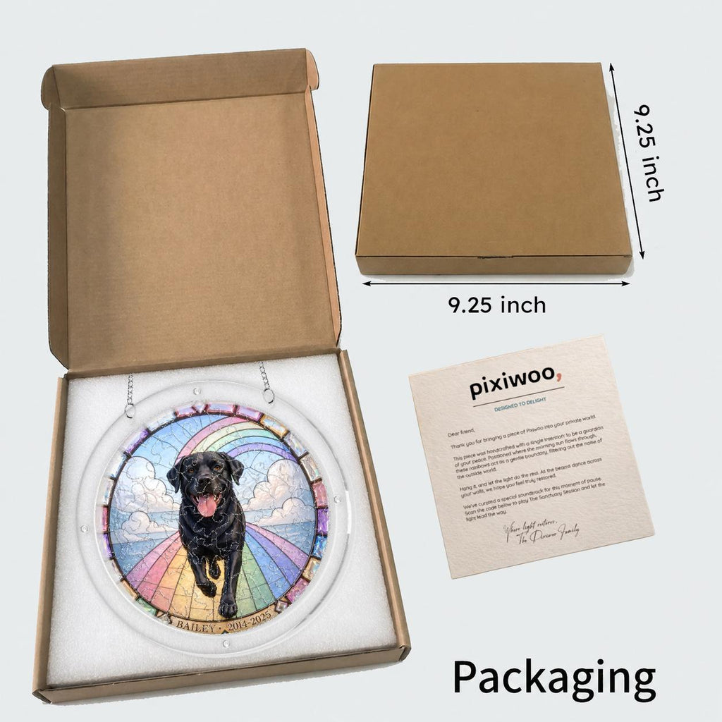 Open kraft gift box with the black Labrador memorial puzzle suncatcher and insert card