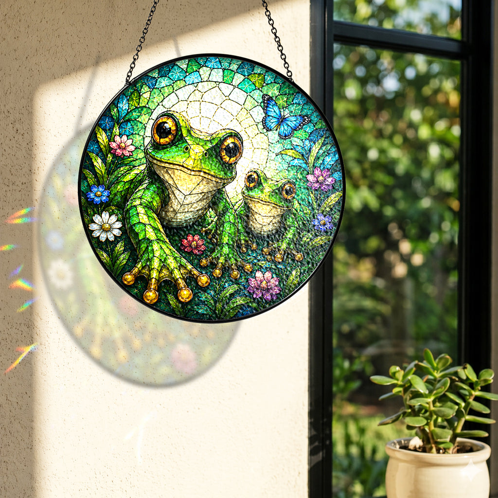 Mama and Baby Frog Wildflower Stained Glass Suncatcher