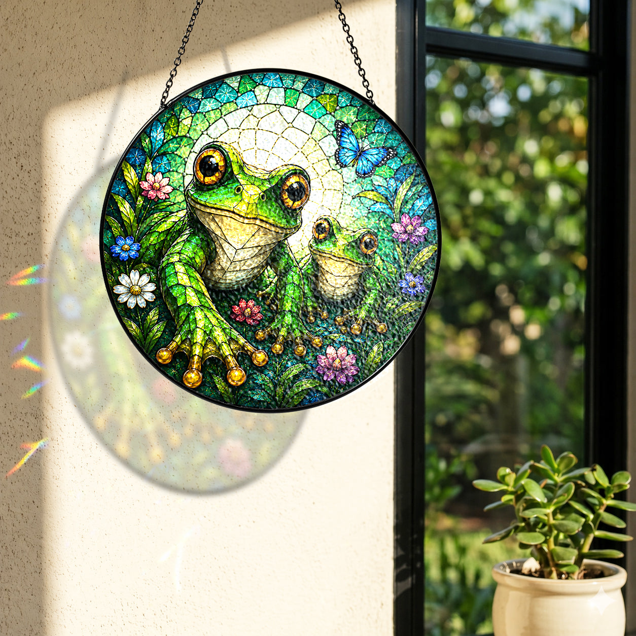 Mama and Baby Frog Wildflower Stained Glass Suncatcher