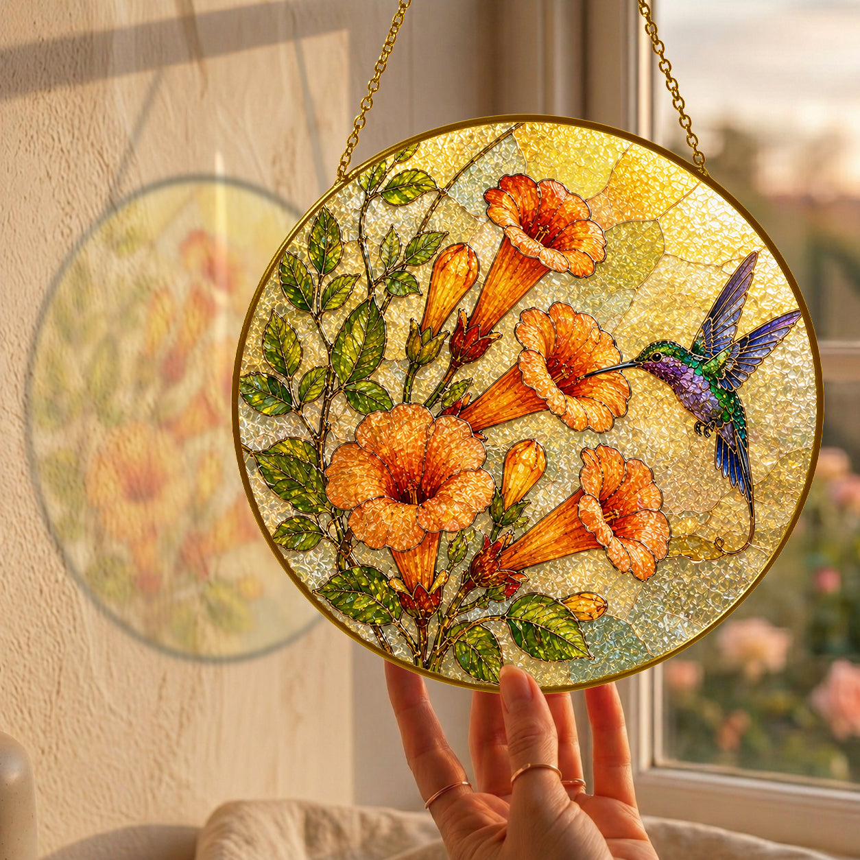 Hummingbird & Trumpet Flower Stained Glass Suncatcher