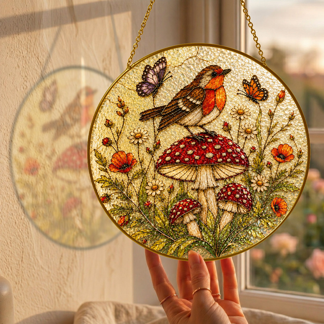 Robin & Mushroom Stained Glass Suncatcher