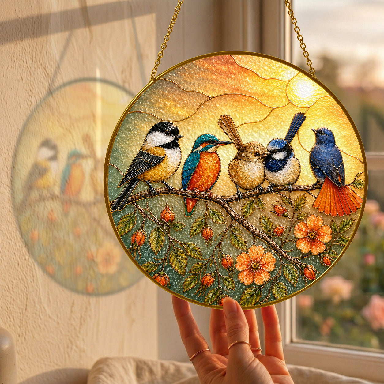 Colorful Birds on a Branch Stained Glass Suncatcher