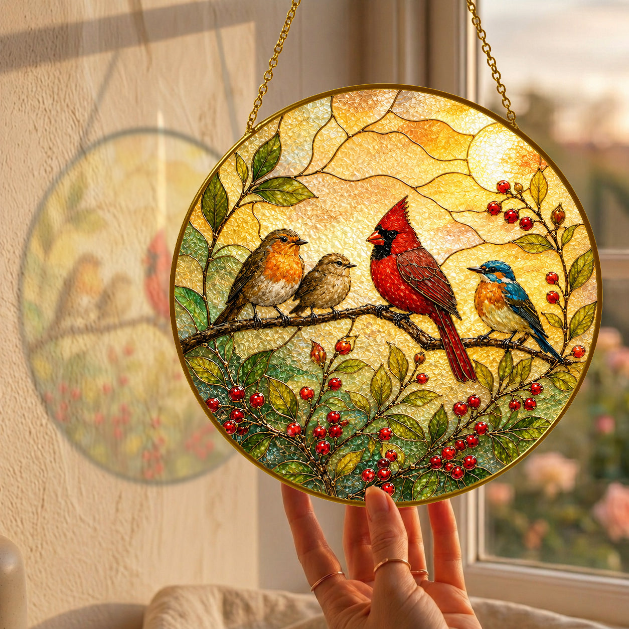 Cardinal & Songbirds Stained Glass Suncatcher