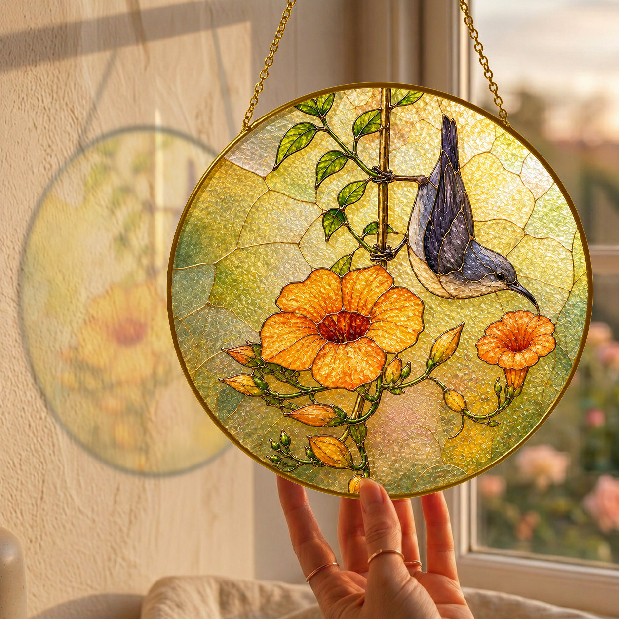 Nuthatch & Trumpet Flower Stained Glass Suncatcher